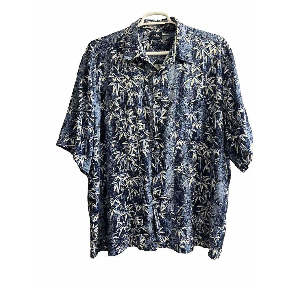 Mens Hawaiian Shirt 2XL Blue White‎ Bamboo 100% Rayon Short Sleeve Vacation